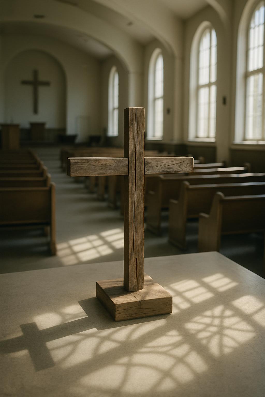 Church interior with wooden cross on a table, sunlit through stained glass window shadows, displaying rows of pews and lar...